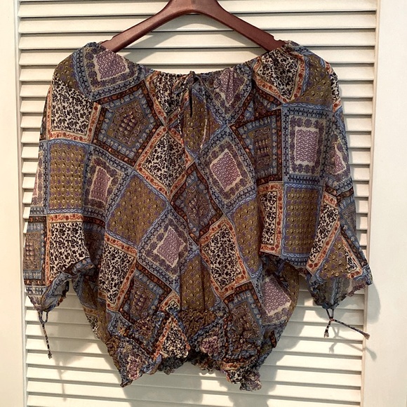 Boho Peasant Blouse with fitted waist, drawstring ties M - Picture 3 of 11